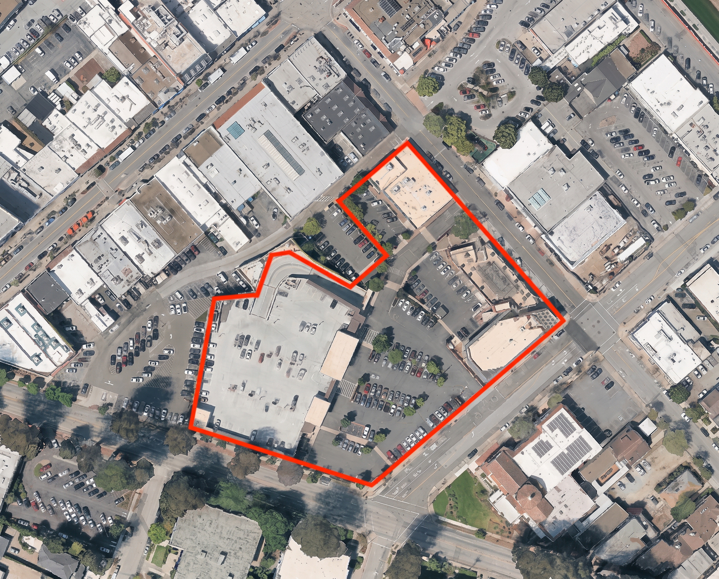 Aerial map of the Burlingame Retail Center near 1450 Howard Avenue with property boundaries outlined in red
